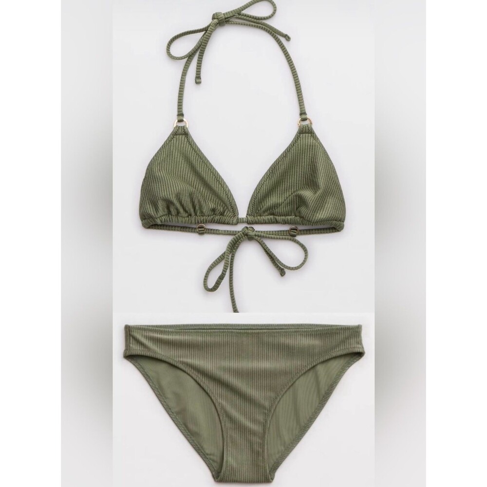 NWT Aerie FULL SET Shine Rib String Triangle + Full Coverage Bottom Olive - M